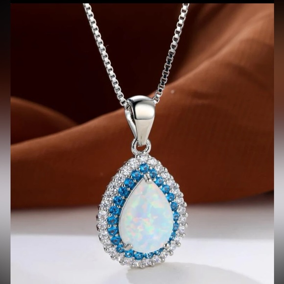 Luxury Jewelry - Glamorous White Fire Opal Blue Gemstone CZ Waterdrop Pendant Silver Necklace